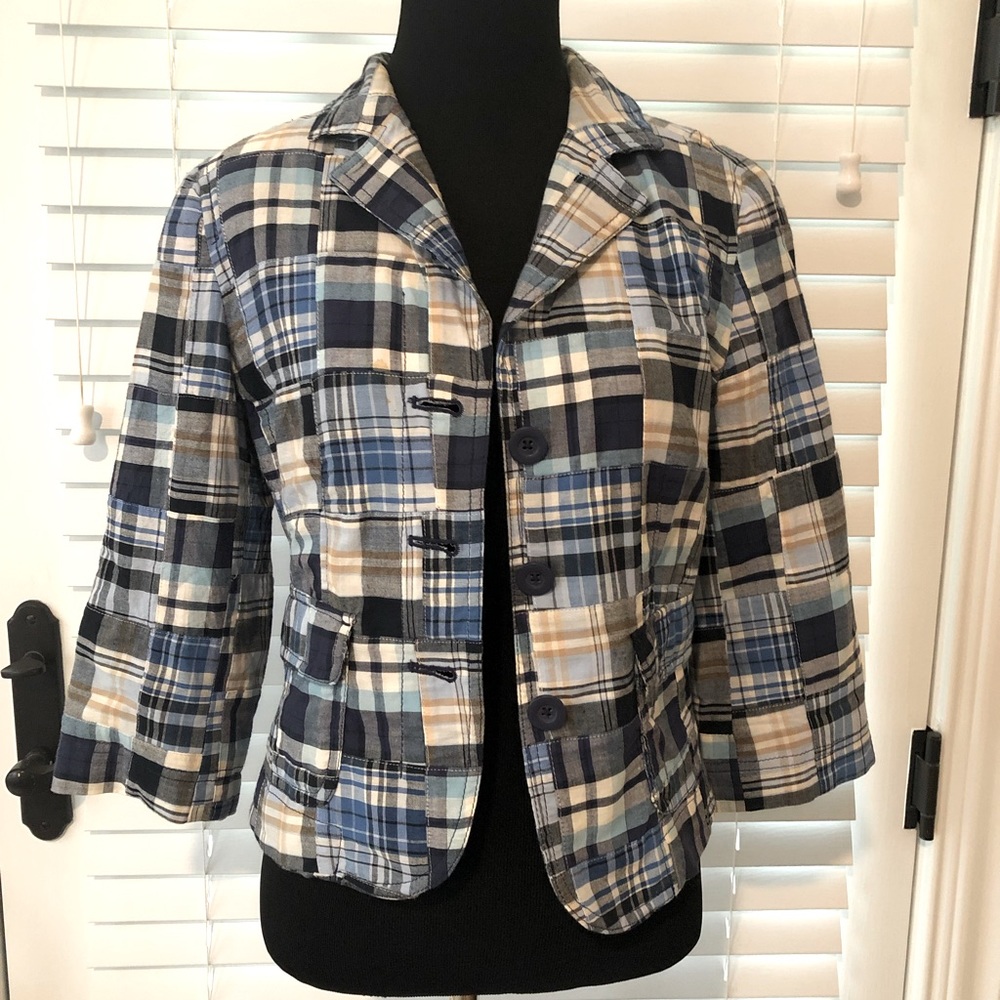 Ann Taylor LOFT Madras Plaid Patchwork Jacket Size 6 Petite. 100% cotton.